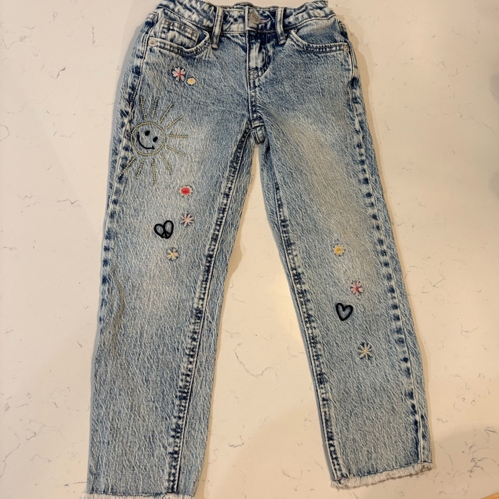 Cat & Jack Girls Ankle Straight Jeans | Size 5 | Embroidered Sun Heart Peace